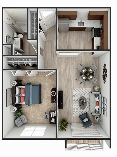 Floor plan for 1 bed, 1 bath, 750 sqft