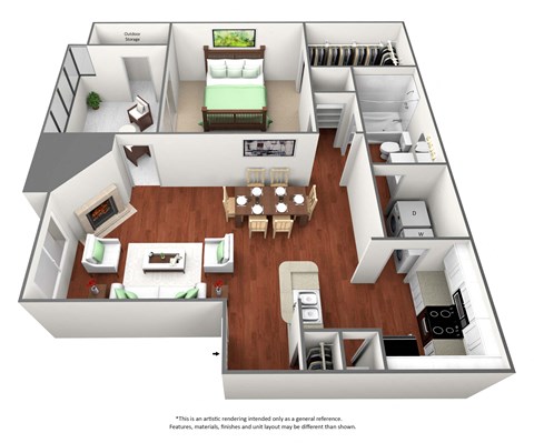 Floor plan for 1 bed, 1 bath, 834 sqft