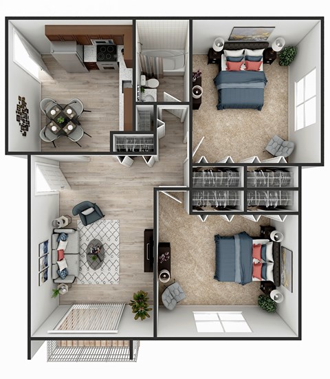 Floor plan for 2 beds, 1 bath, 975 sqft