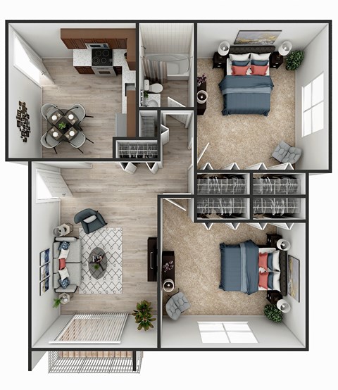 Floor plan for 2 beds, 1 bath, 975 sqft