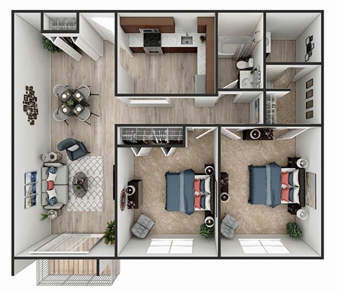 Floor plan for 2 beds, 2 baths, 1050 sqft
