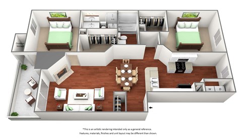 Floor plan for 2 beds, 2 baths, 1046 sqft