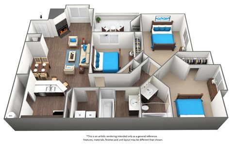 Floor plan for 3 beds, 2 baths, 1317 sqft