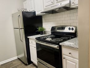 Greensboro apartment for rent - Upgraded kitchen with a stove and a refrigerator at The Pointe at Irving Park, Greensboro, NC, 27408