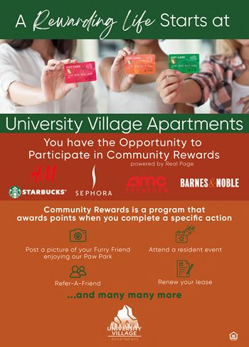 A poster advertising a community rewards program at university village apartments