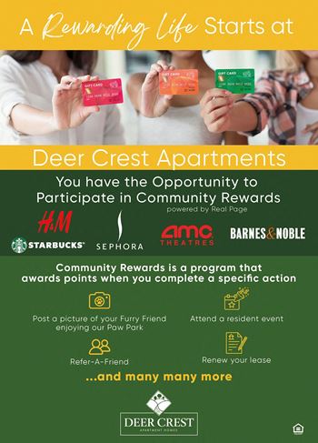A poster advertising a community rewards program at deer crest apartments