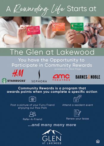 A flyer for the glen at lakewood community rewards program