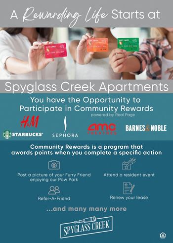 A poster advertising spyglass creek apartments and their community rewards program