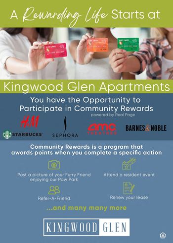 A poster advertising a community rewards program at kingwood glen apartments