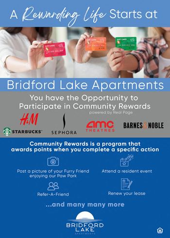 A poster advertising a community rewards program at bridford lake apartments.