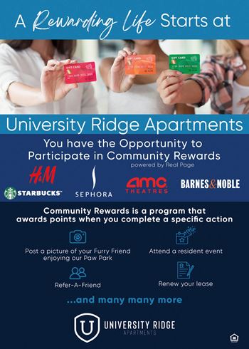 A poster advertising a community rewards program at university ridge apartments