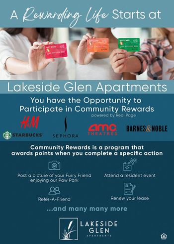 A poster advertising a community rewards program at lakeside glen apartments.
