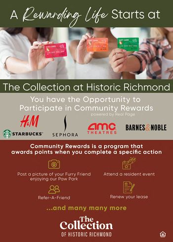 A poster advertising a community rewards program at the collection at historic richmond