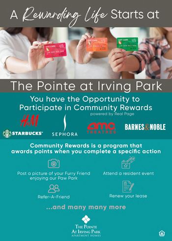 A poster advertising a community rewards program at irving park, featuring logos of starbucks, sephora, and barnes & noble