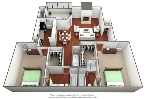 Floor plan for 2 beds, 2 baths, 1073 sqft