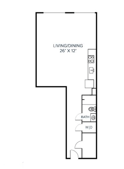 Floor plan for studio, 1 bath, 641 sqft