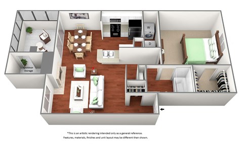 Floor plan for 1 bed, 1 bath, 862 sqft