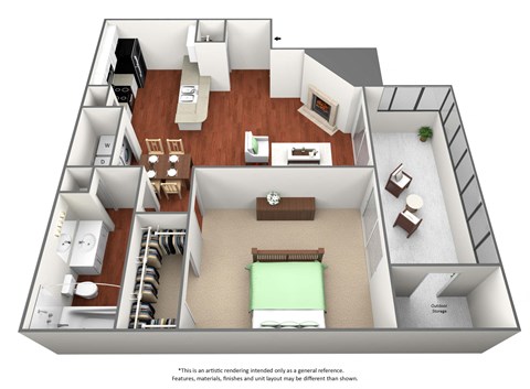 Floor plan for 1 bed, 1 bath, 715 sqft