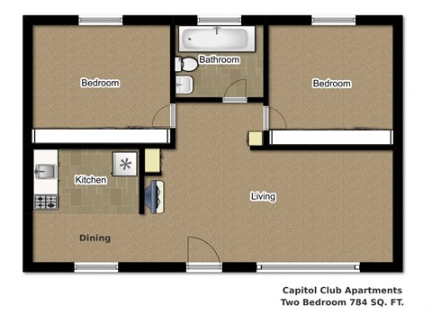 Floor plan for 2 beds, 1 bath, 784 sqft