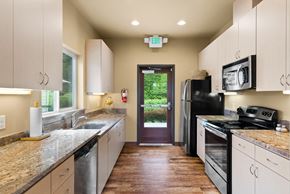 Port Orchard apartment for rent - a kitchen with granite counter tops and stainless steel appliances and a door to the backyard