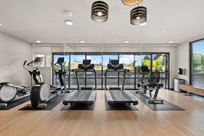 Tacoma apartment for rent - a gym with treadmills and other exercise equipment on a wooden floor and windows