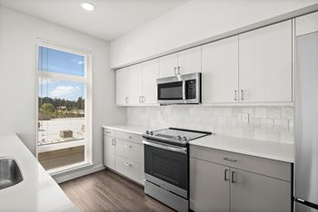 Quartz countertops / tile backsplash