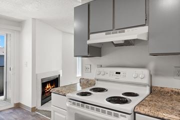 University Place apartment for rent - a kitchen with a stove and a fireplace