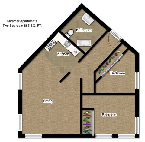 Floor plan for 2 beds, 1 bath, 1000 sqft