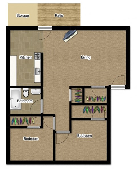 Floor plan for 1 bed, 1 bath, 612 sqft