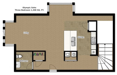 Floor plan for 3 beds, 1 bath, 1308 sqft