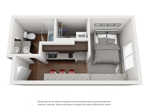 Floor plan for studio, 1 bath, 291 sqft
