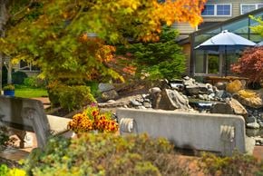 Tacoma apartment for rent - a view of a garden with a fountain and rocks