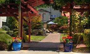 Tacoma apartment for rent - a view of a garden with a walkway and a red structure