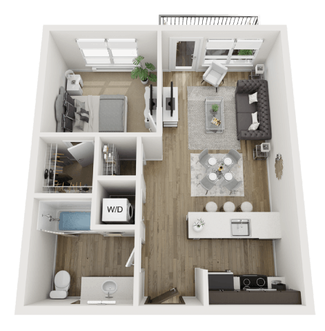 Floor plan for 1 bed, 1 bath, 656 sqft