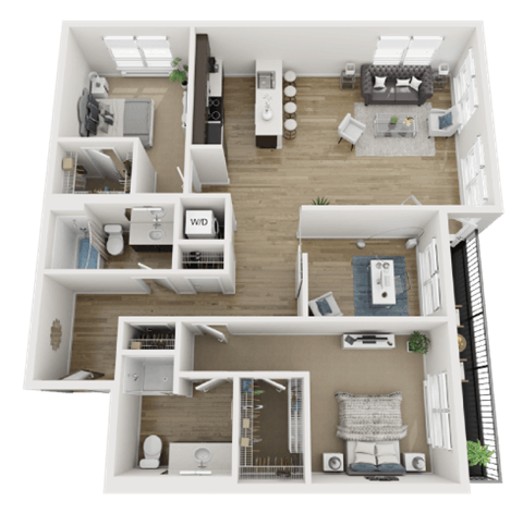 Floor plan for 2 beds, 2 baths, 1327 sqft