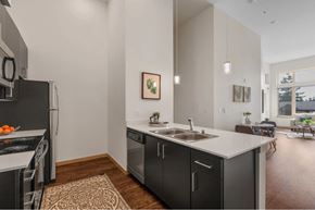 University Place apartment for rent - A modern kitchen with a black fridge and stove top oven.