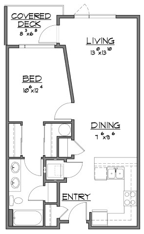 Floor plan for 1 bed, 1 bath, 766 sqft