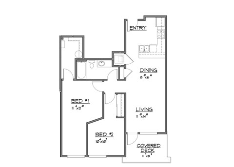 Floor plan for 2 beds, 1 bath, 951 sqft