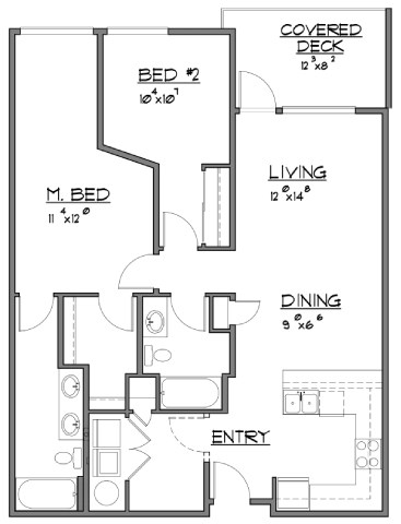 Floor plan for 2 beds, 2 baths, 1154 sqft