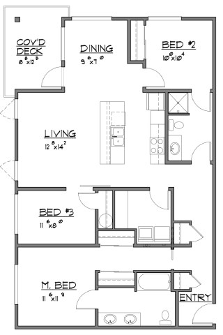 Floor plan for 3 beds, 2 baths, 1325 sqft