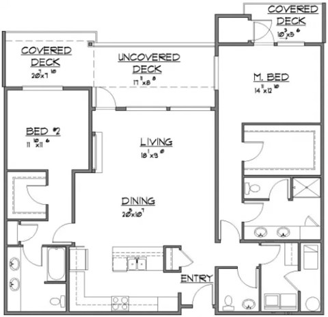 Floor plan for 2 beds, 2 baths