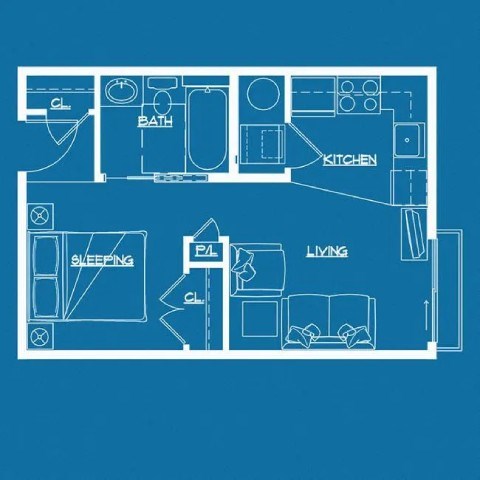 Floor plan for studio, 1 bath, 788 sqft