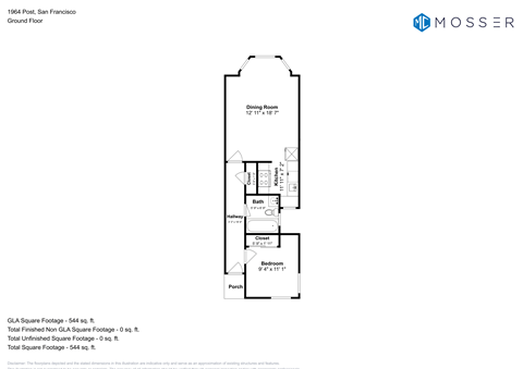 Floor plan for 1 bed, 1 bath, 500 sqft