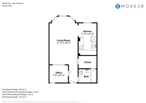 Floor plan for studio, 1 bath, 515 sqft