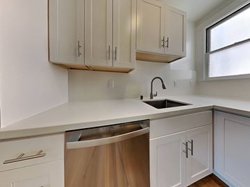 San Francisco apartment for rent - a kitchen with white cabinets and a stainless steel dishwasher