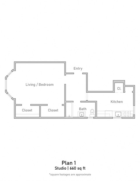 Floor plan for studio, 1 bath, 656 sqft