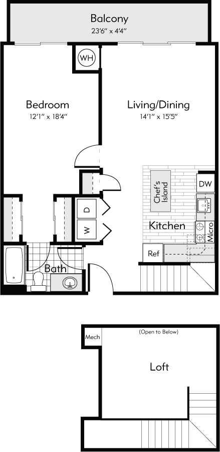 Floor plan for 1 bed, 1 bath, 917 sqft