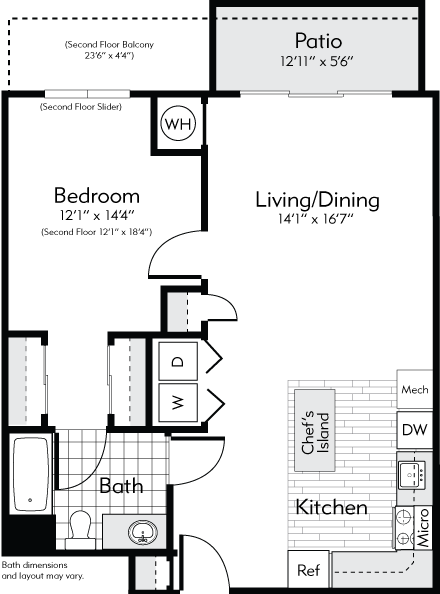 Floor plan for 1 bed, 1 bath, 780 sqft