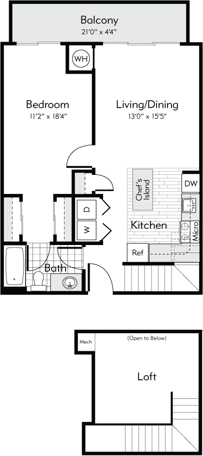Floor plan for 1 bed, 1 bath, 845 sqft