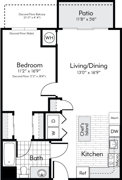 Floor plan for 1 bed, 1 bath, 719 sqft